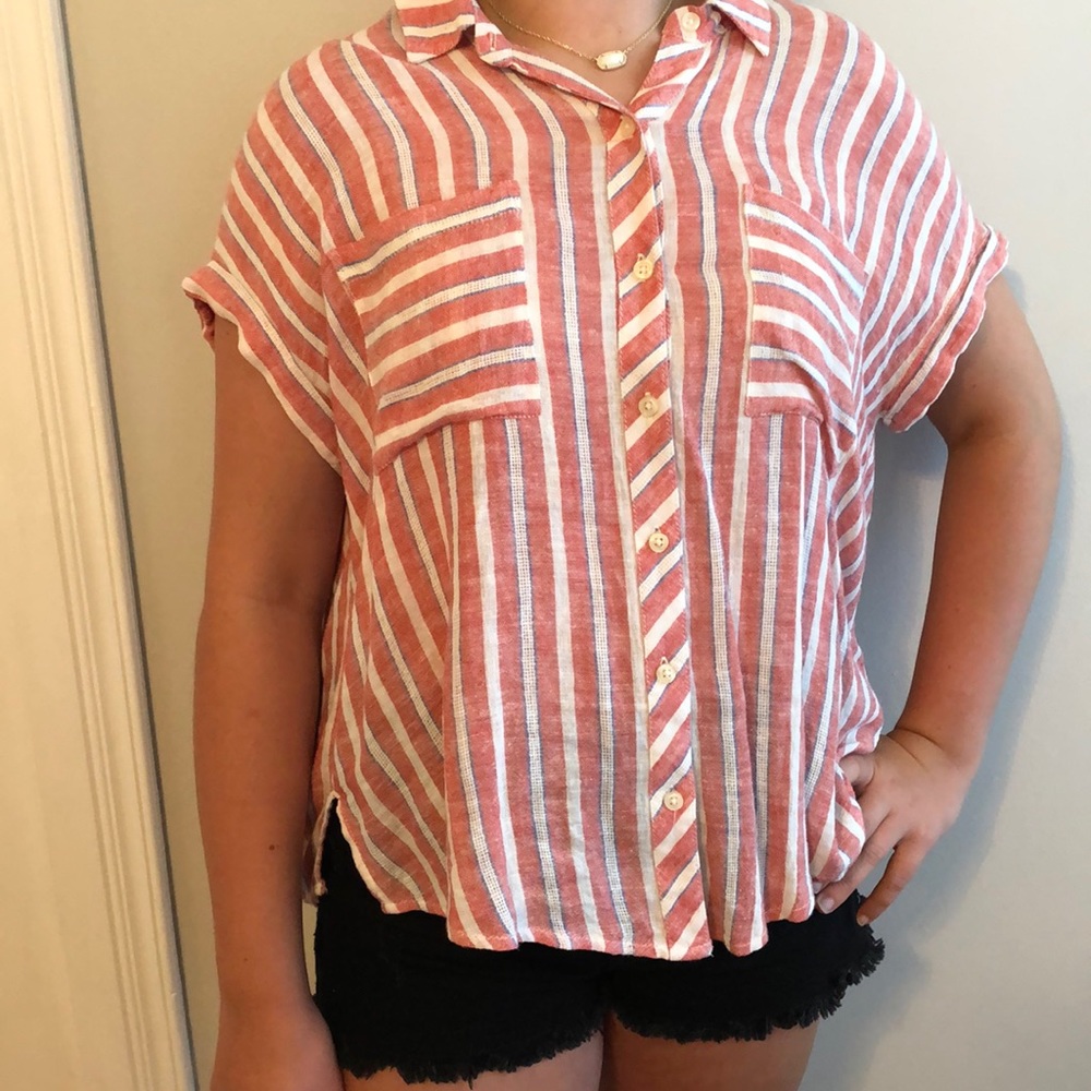 Coral white and blue blouse